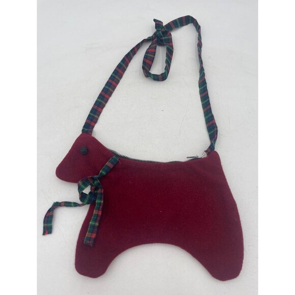 Vintage Red Fleece Dog-Shaped Purse With Plaid Lining & Adjustable Strap - Picture 1 of 6
